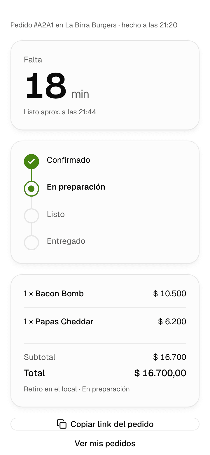 El seguimiento del pedido en el celular, con el tiempo estimado y los pasos del pedido